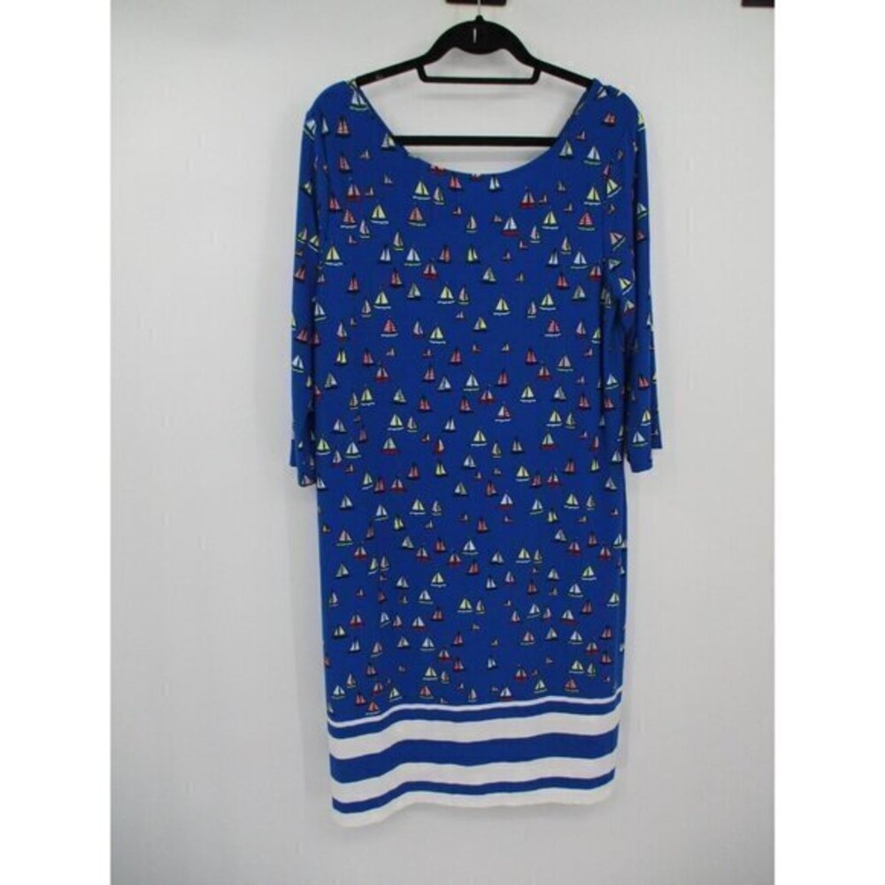 Leota Womens Dress 1X Long Blue Preppy Nautical Ships Boats Stretch Pullover